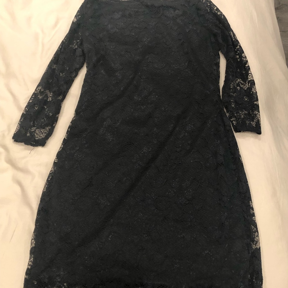 3/4 sleeve black lace dress with open back